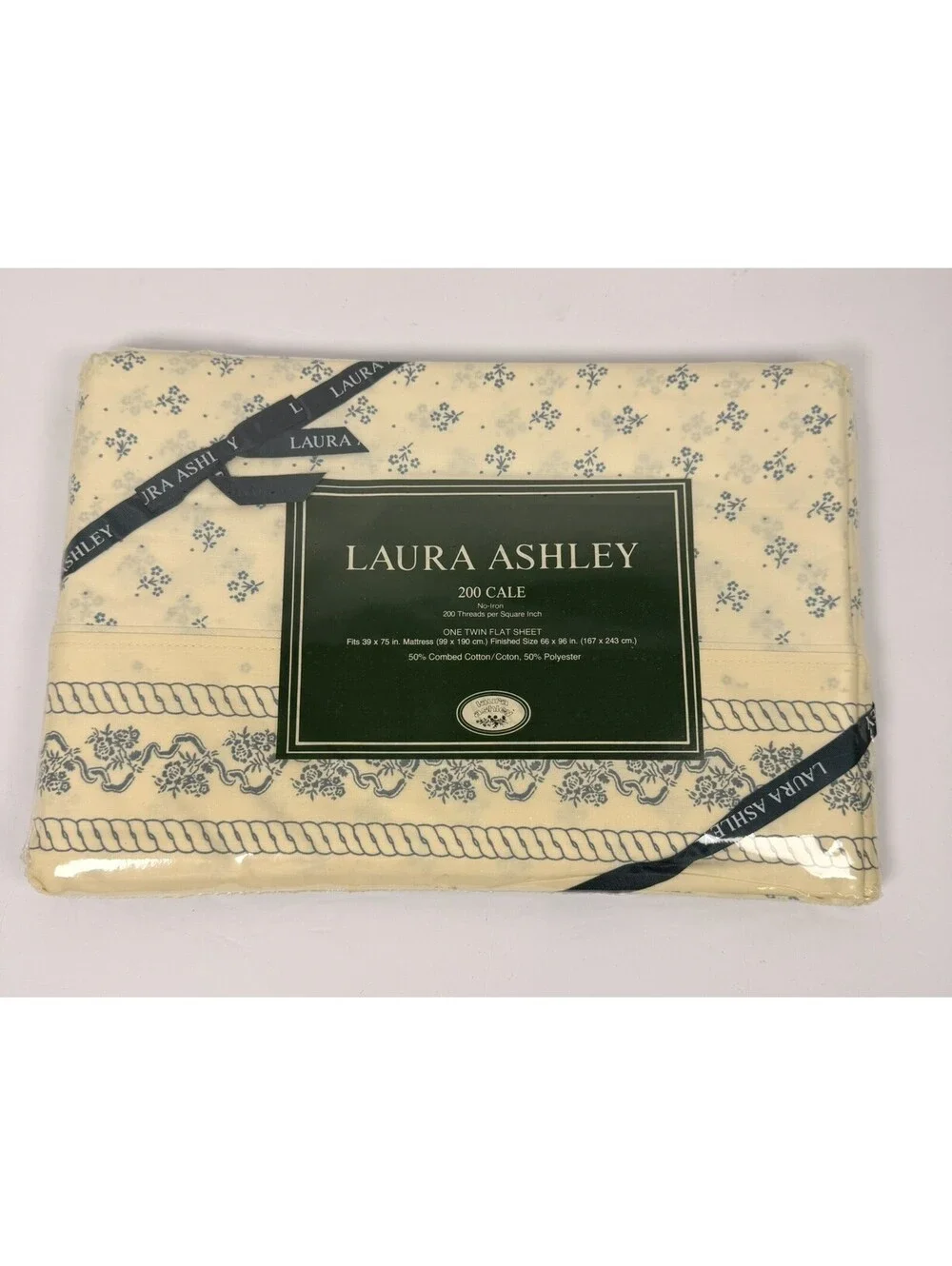 NOS Vintage Laura Ashley Burlington Kensington Blue  200 Cale Twin Flat No Iron